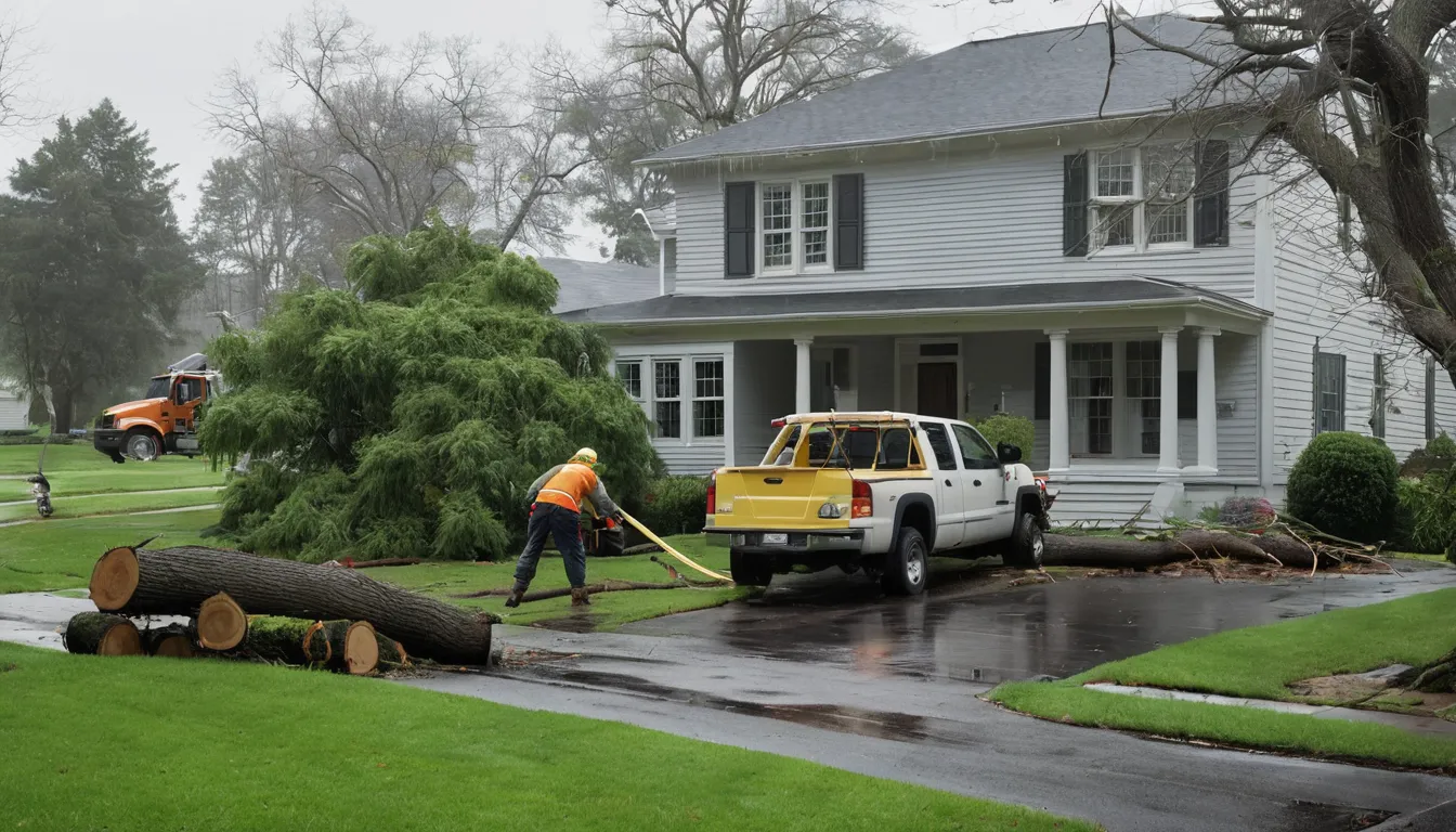 Tree limb resting on a colonial home's roof after a storm near Purcellville
